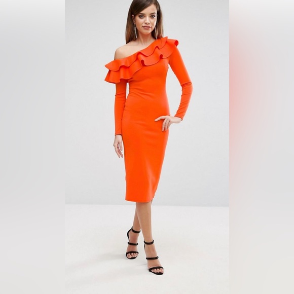 NWT ORANGE ASOS CLUB L LONDON ONE SHOULDER  FRILL MIDI DRESS  L/16 - Picture 3 of 6